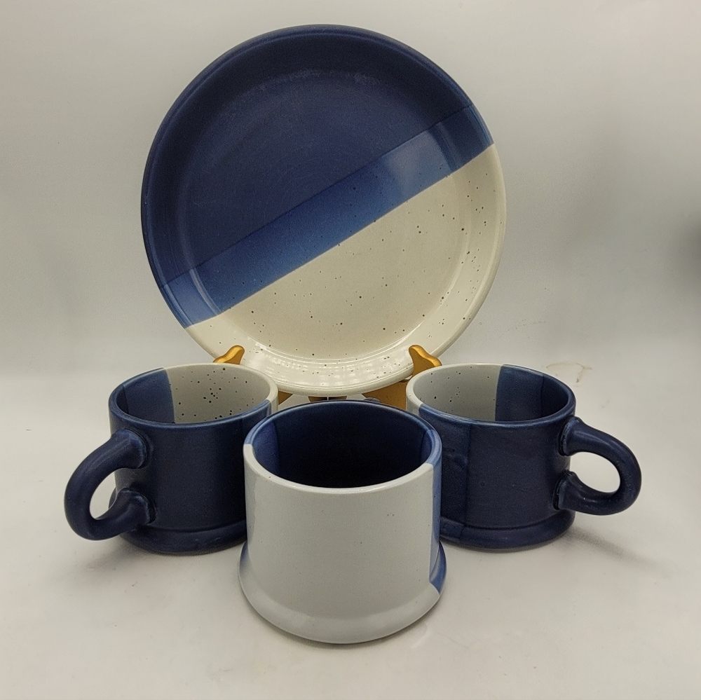 Handmade Cobalt Blue & White Stoneware Mug Set w/ Serving Plate Studio Pottery